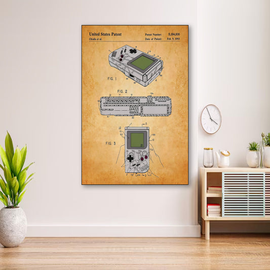 1993 Gameboy Patent Poster – Vintage Patent Wall Art wall art displayed in cozy portrait-style interior with minimalist decor
