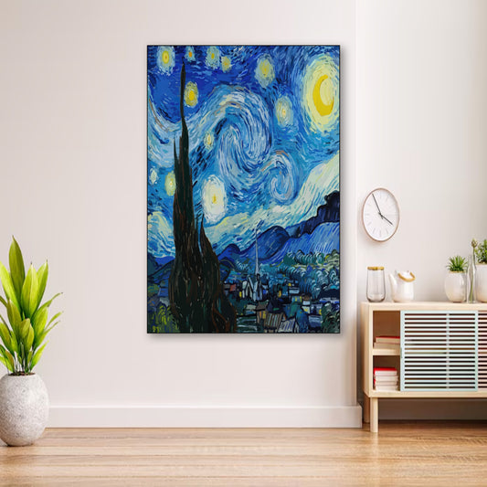 “Starry, Starry Night” Poster – Classic Vintage Wall Art wall art displayed in cozy portrait-style interior with minimalist decor