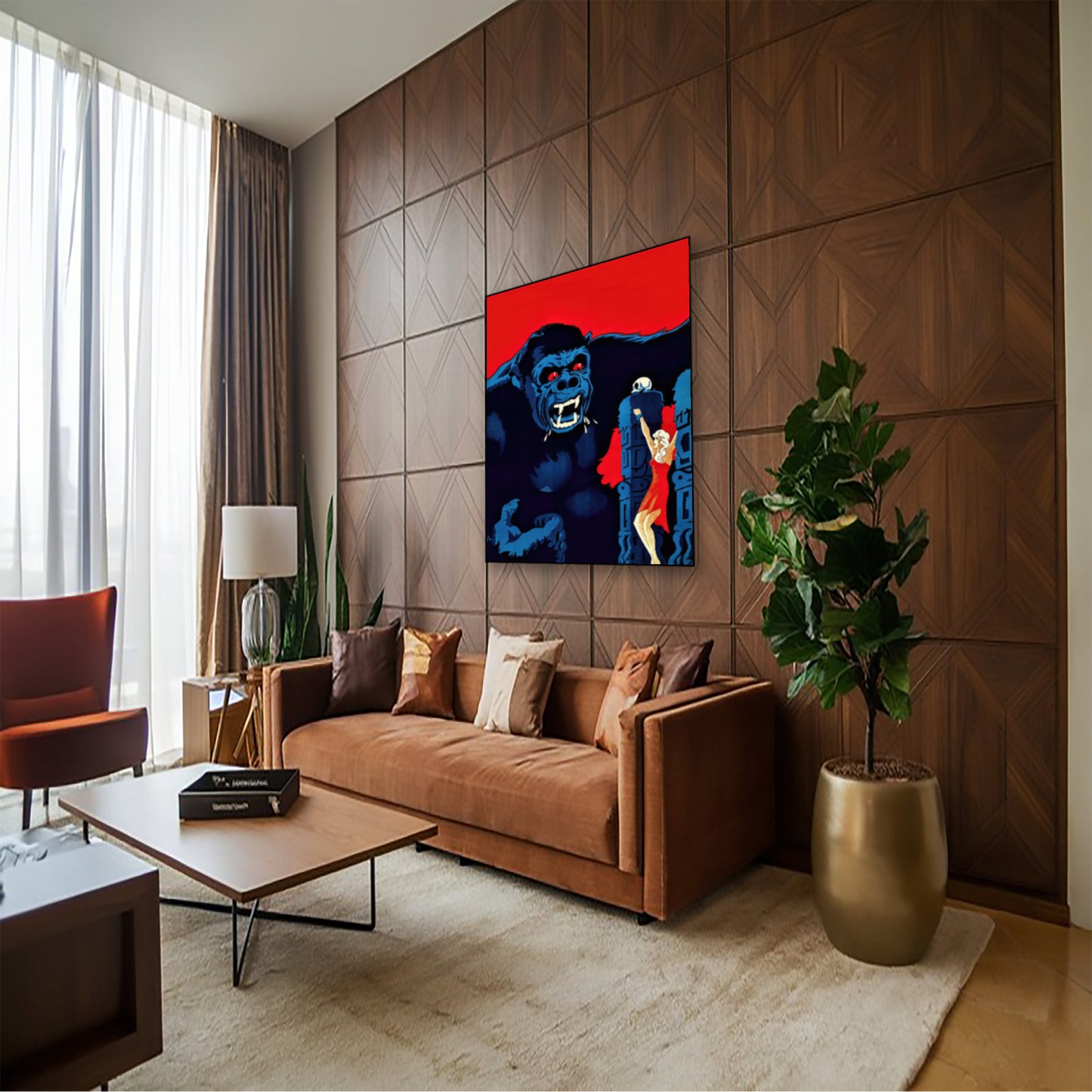 1933 King Kong Movie Poster – Vintage Classic Wall Art hung above couch in contemporary living room
