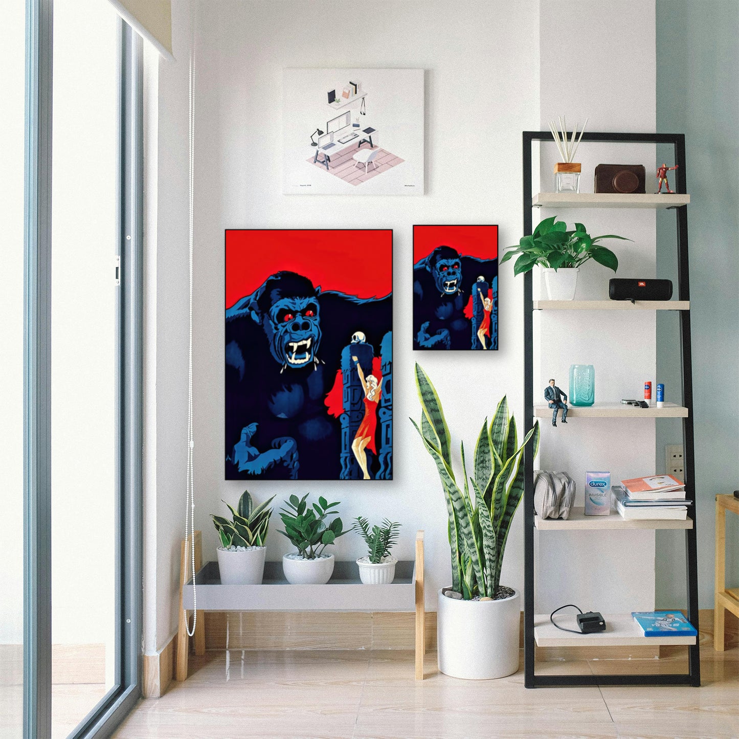 1933 King Kong Movie Poster – Vintage Classic Wall Art displayed in bright room with plants and shelf