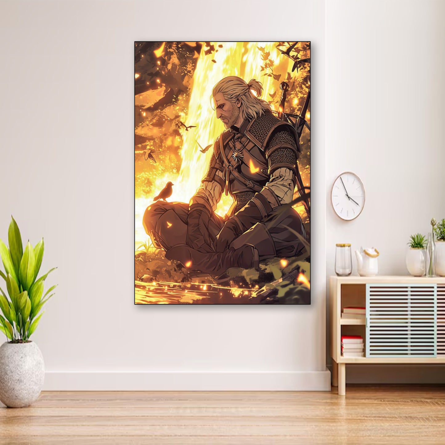 Geralt of Rivia Meditating Poster – Fantasy Wall Art wall art displayed in cozy portrait-style interior with minimalist decor