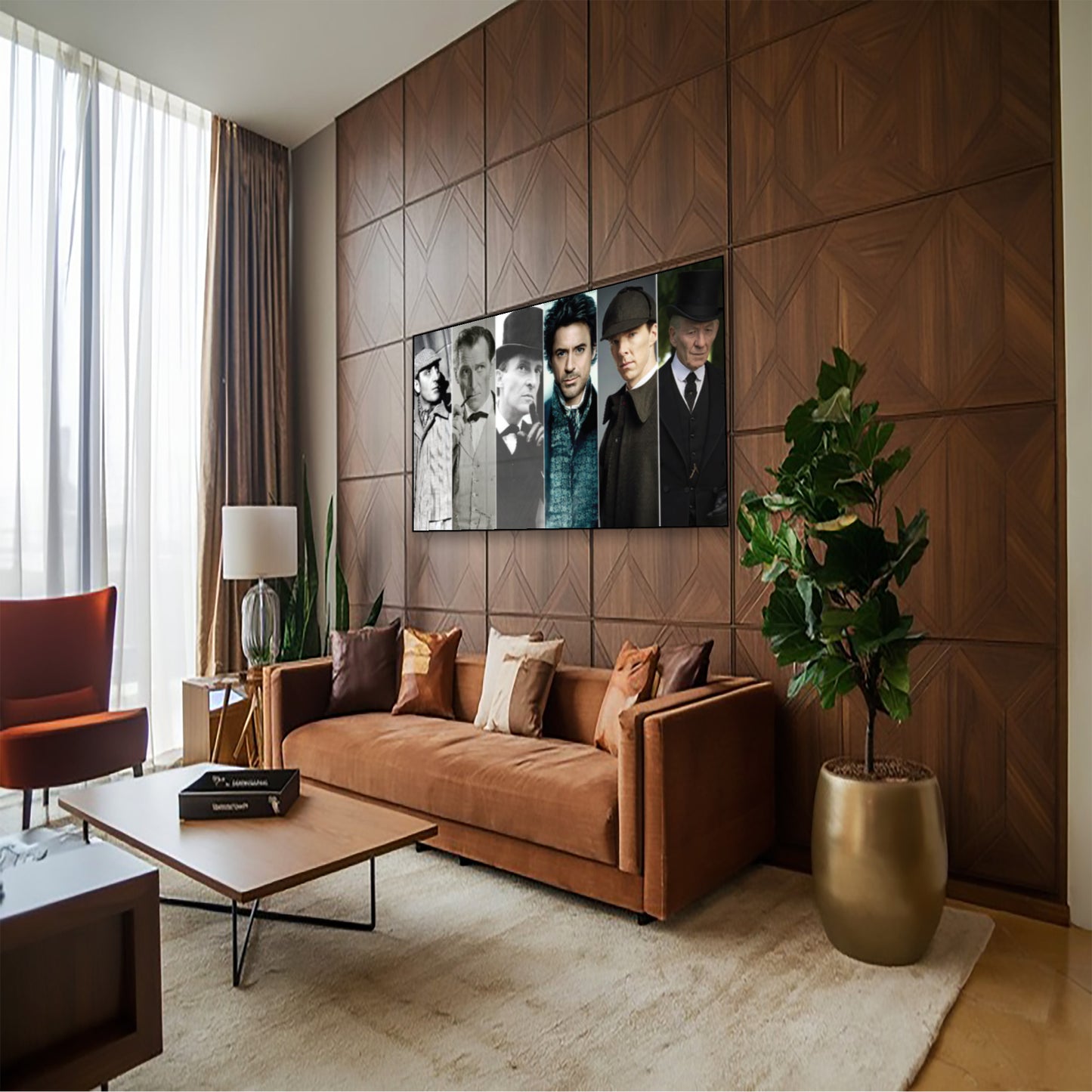 Holmes Through Time Wall Art – Ultimate Sherlock Holmes Collector’s Poster hung above couch in contemporary living room