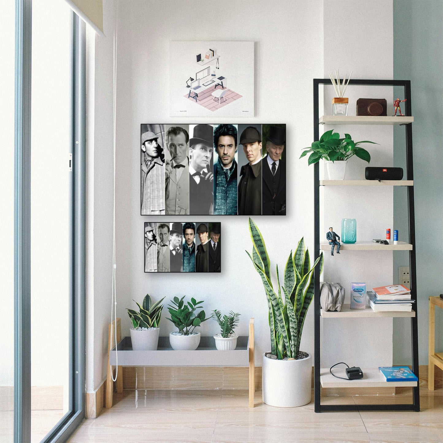 Holmes Through Time Wall Art – Ultimate Sherlock Holmes Collector’s Poster displayed in bright room with plants and shelf