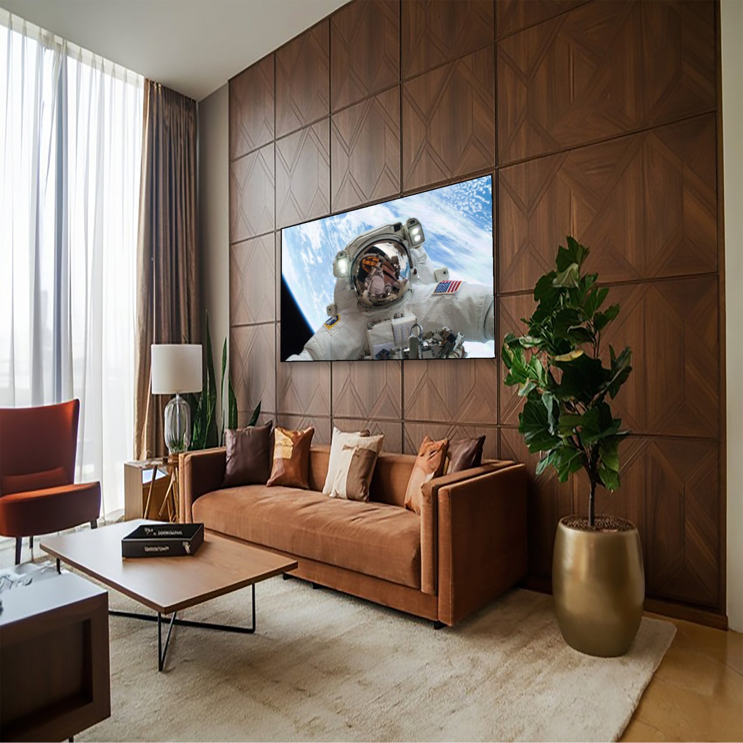 Outer Space Selfie Wall Art – Astronaut Floating Over Earth hung above couch in contemporary living room