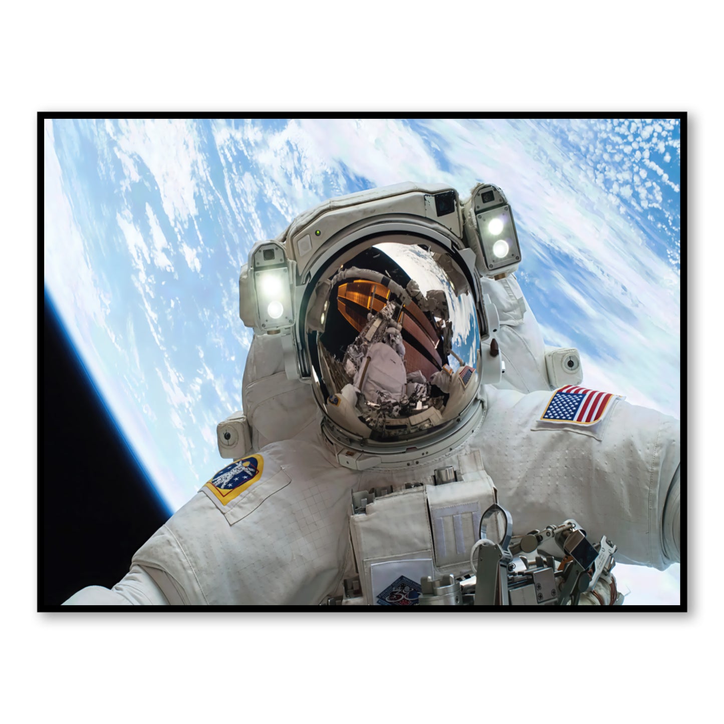 Outer Space Selfie Wall Art – Astronaut Floating Over Earth close-up of full artwork