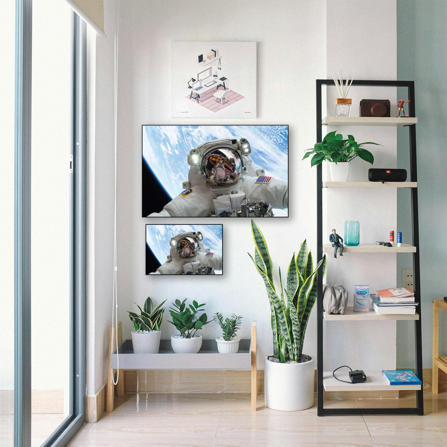 Outer Space Selfie Wall Art – Astronaut Floating Over Earth displayed in bright room with plants and shelf