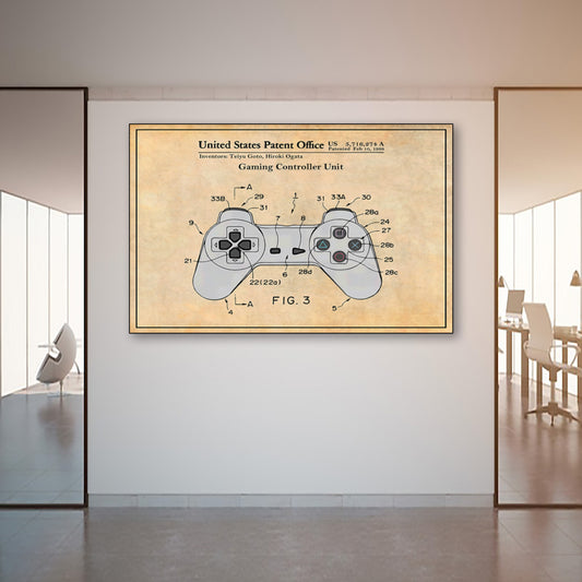 1998 PlayStation Controller Patent Poster – Vintage Gaming Wall Art wall art displayed in modern office space