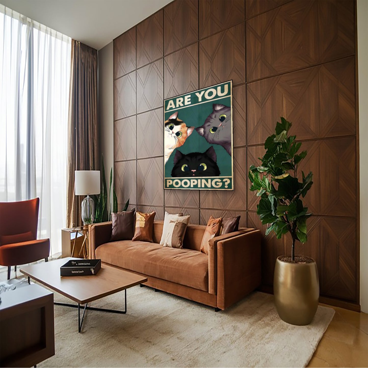Are You Pooping? Funny Cat Poster – Wall Art for Cat Lovers displayed in bright room with plants and shelf