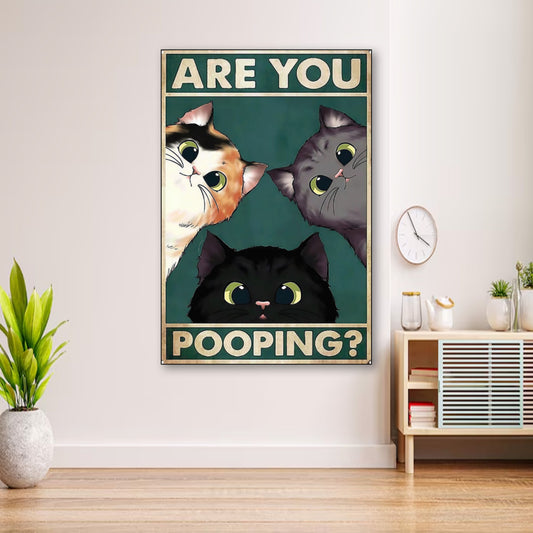 Are You Pooping? Funny Cat Poster – Wall Art for Cat Lovers wall art displayed in cozy portrait-style interior with minimalist decor