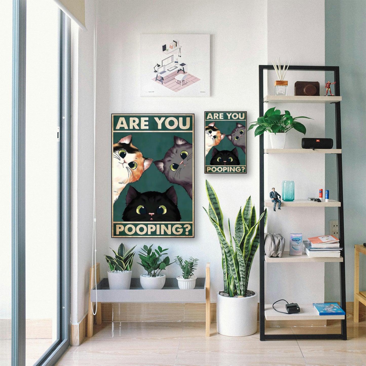 Are You Pooping? Funny Cat Poster – Wall Art for Cat Lovers hung above couch in contemporary living room