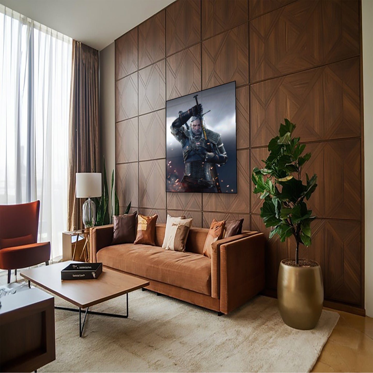 Geralt of Rivia Sword Draw Poster – Witcher Wall Art for Gamers hung above couch in contemporary living room