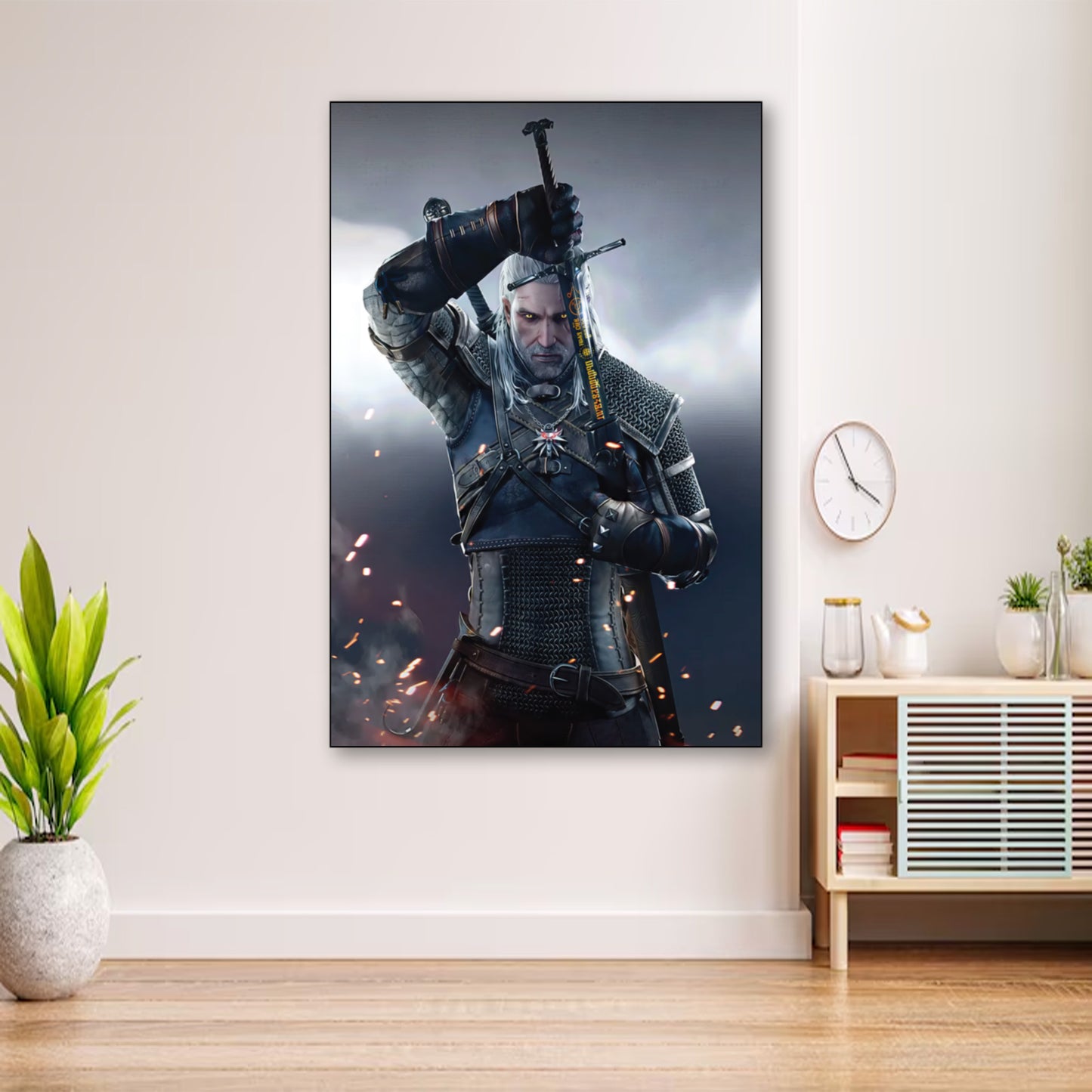 Geralt of Rivia Sword Draw Poster – Witcher Wall Art for Gamers wall art displayed in cozy portrait-style interior with minimalist decor