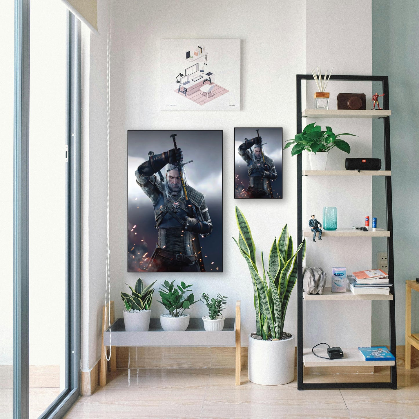 Geralt of Rivia Sword Draw Poster – Witcher Wall Art for Gamers displayed in bright room with plants and shelf