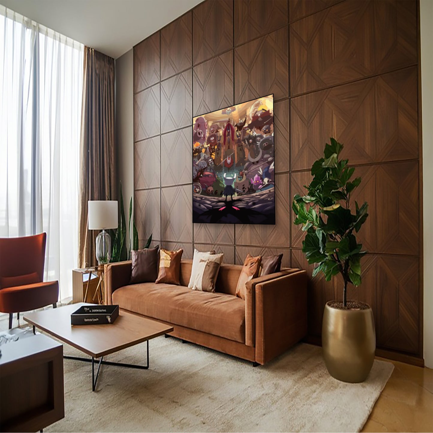 Hollow Knight GodMaster Bosh Rush Poster – Fantasy Game Art Print hung above couch in contemporary living room