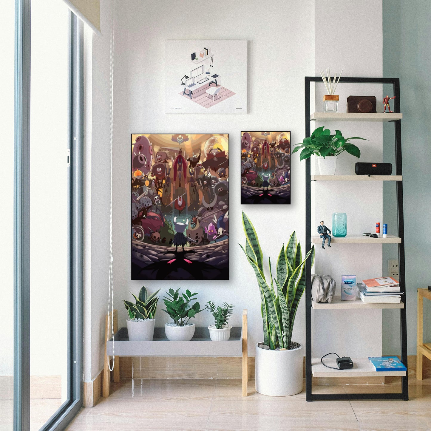 Hollow Knight GodMaster Bosh Rush Poster – Fantasy Game Art Print displayed in bright room with plants and shelf