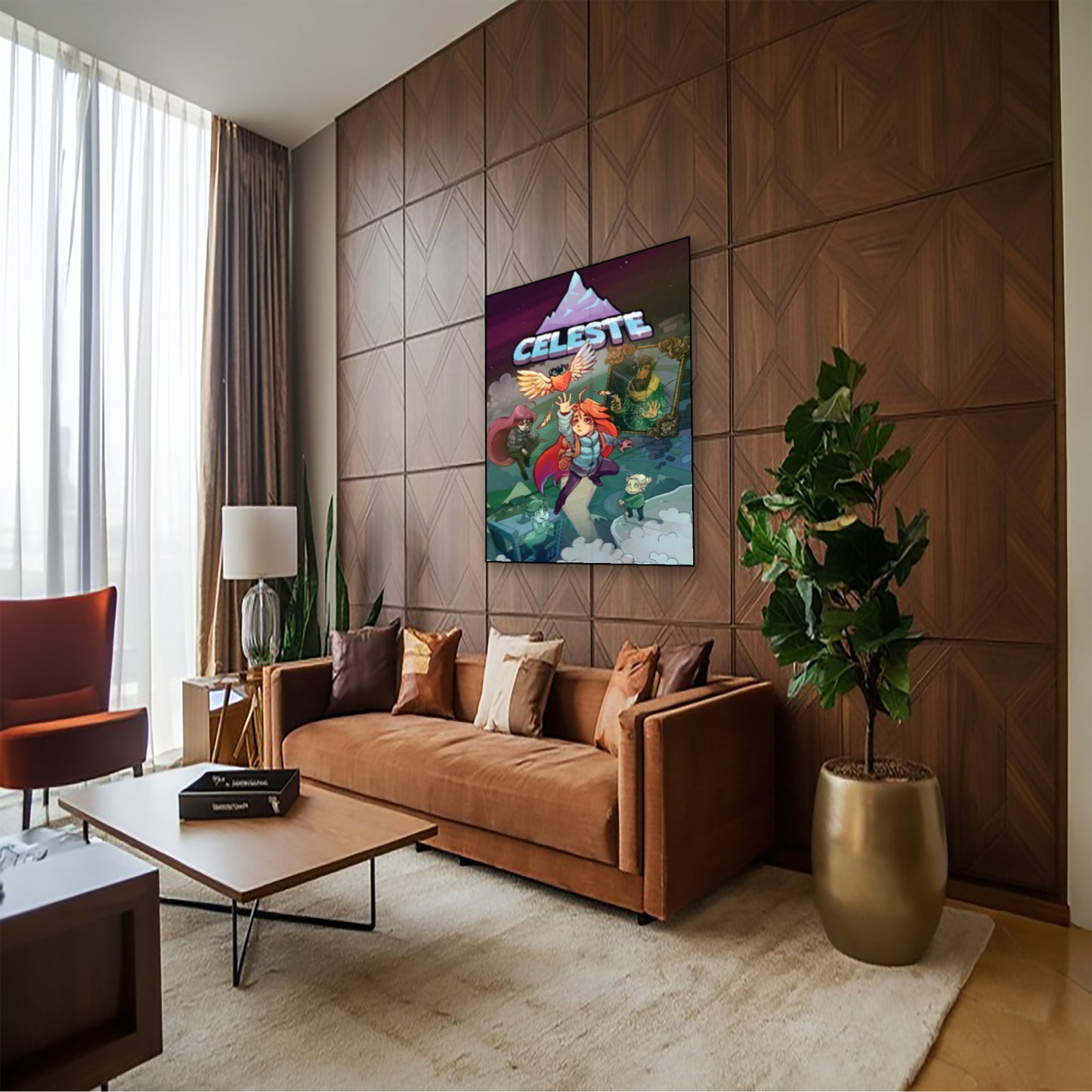 Celeste Game Cover Poster – Madeline’s Journey to the Summit hung above couch in contemporary living room