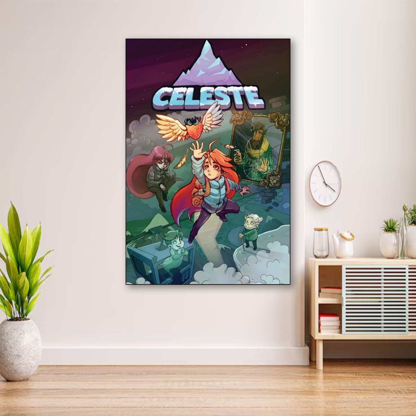 Celeste Game Cover Poster – Madeline’s Journey to the Summit wall art displayed in cozy portrait-style interior with minimalist decor