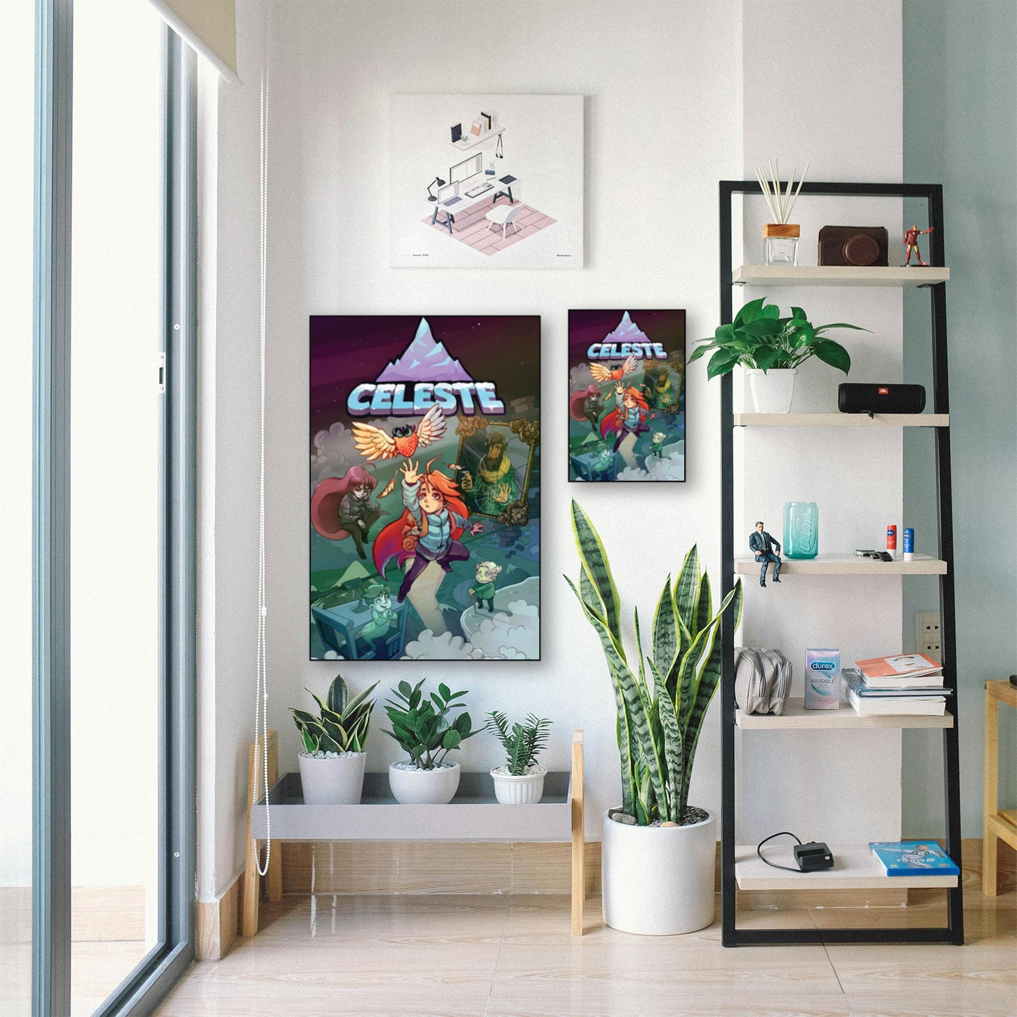 Celeste Game Cover Poster – Madeline’s Journey to the Summit displayed in bright room with plants and shelf