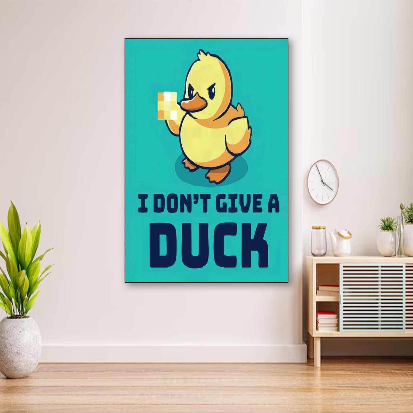 I Don’t Give a Duck Poster – Sarcastic Animal Humor Wall Art wall art displayed in cozy portrait-style interior with minimalist decor