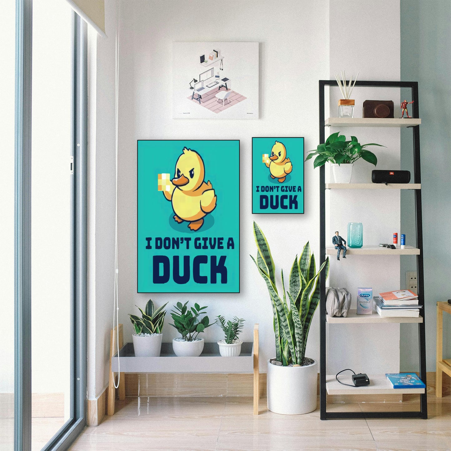I Don’t Give a Duck Poster – Sarcastic Animal Humor Wall Art displayed in bright room with plants and shelf