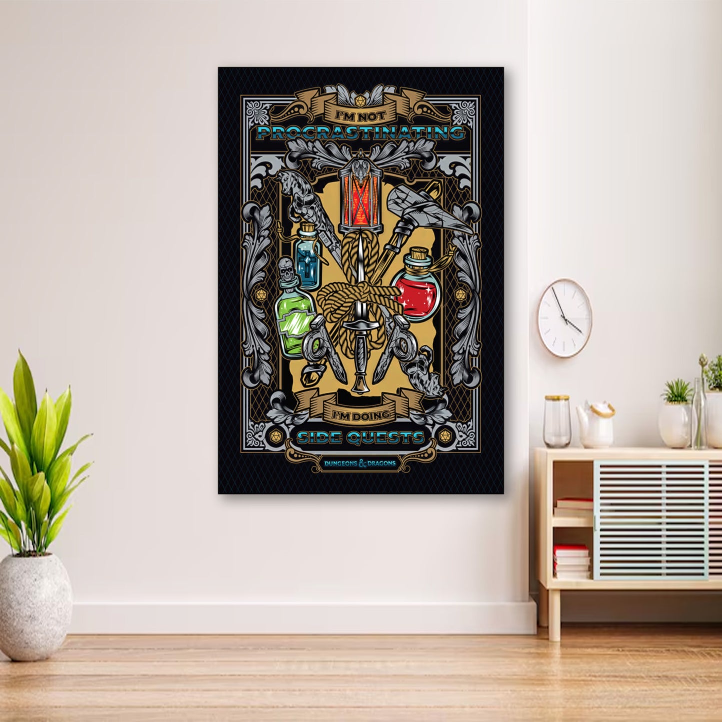 Funny D&D Poster – “I’m Not Procrastinating, I’m Doing Side Quests” Wall Art wall art displayed in cozy portrait-style interior with minimalist decor