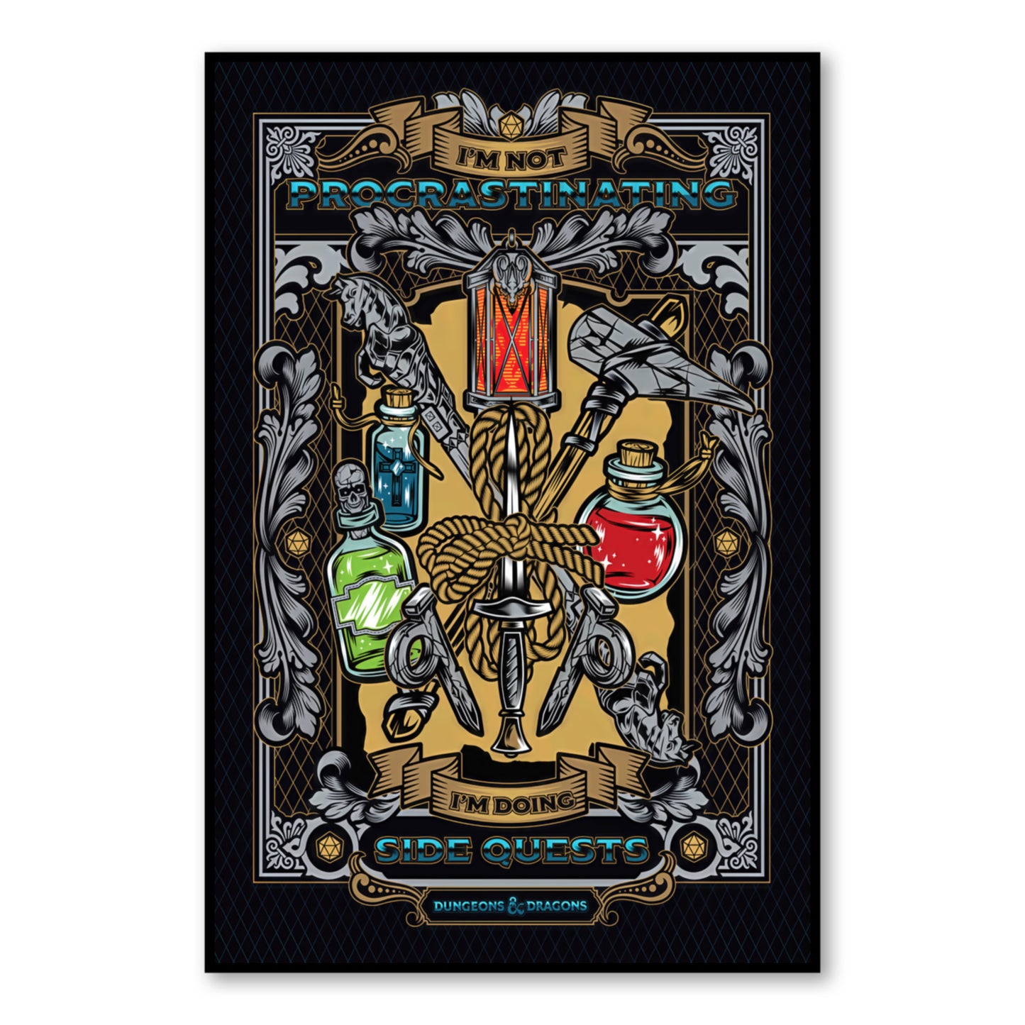 Funny D&D Poster – “I’m Not Procrastinating, I’m Doing Side Quests” Wall Art close-up of full artwork