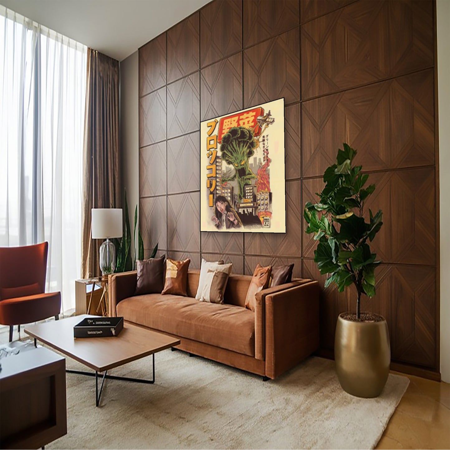 Broccozilla Poster – Funny Japanese Kaiju Vegetable Wall Art hung above couch in contemporary living room