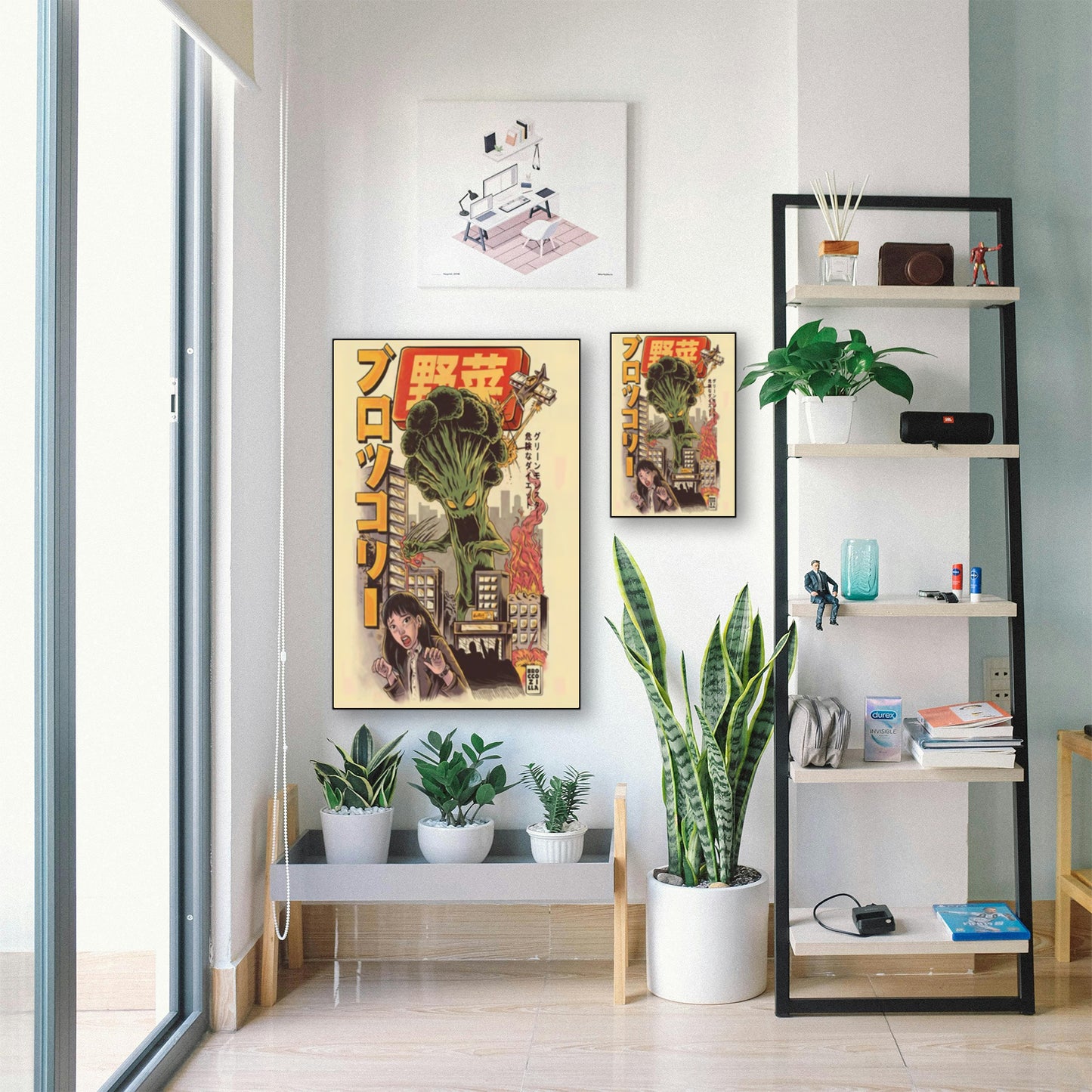 Broccozilla Poster – Funny Japanese Kaiju Vegetable Wall Art displayed in bright room with plants and shelf
