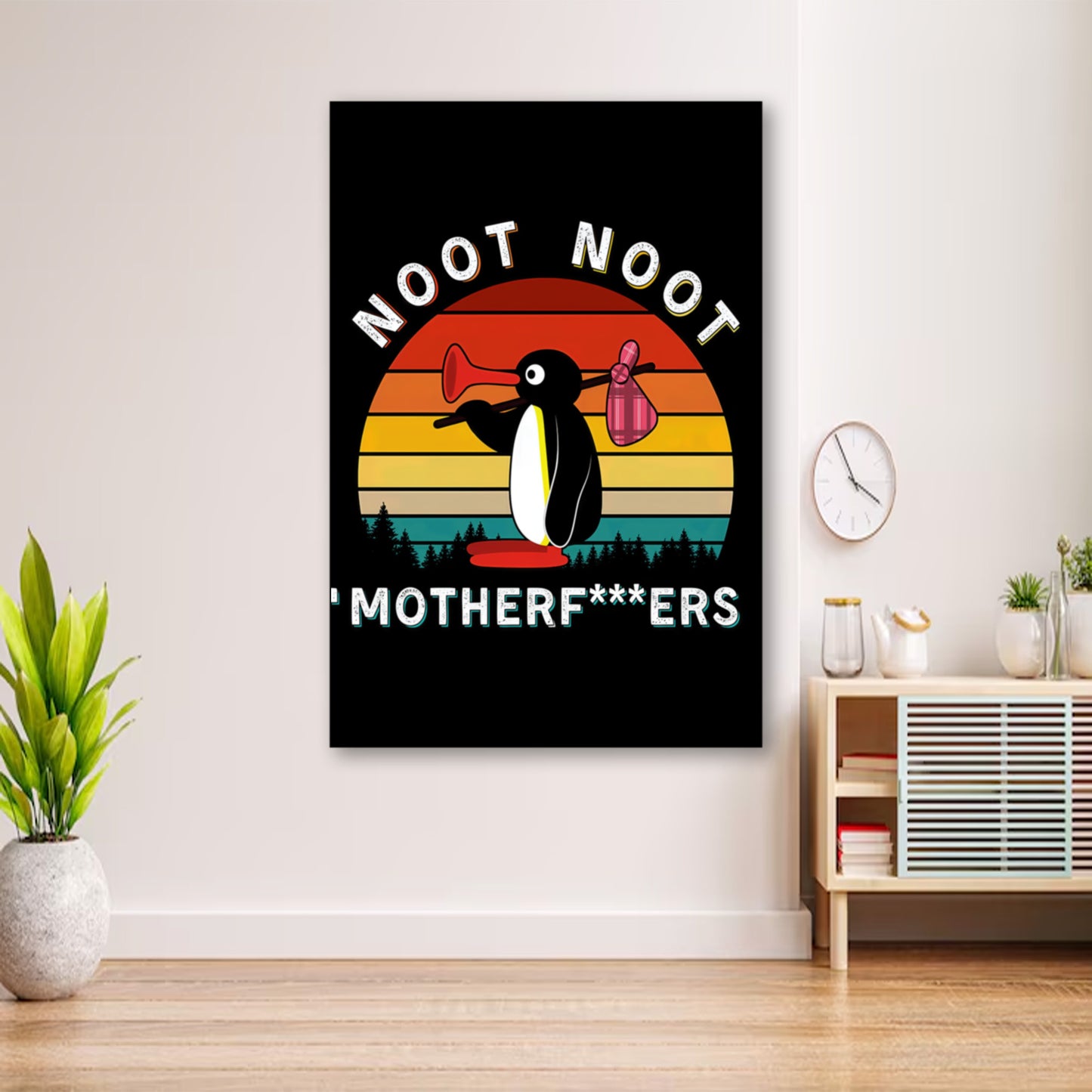 Penguin Wall Art – Censored NOOT NOOT Meme for Gamers & Students wall art displayed in cozy portrait-style interior with minimalist decor