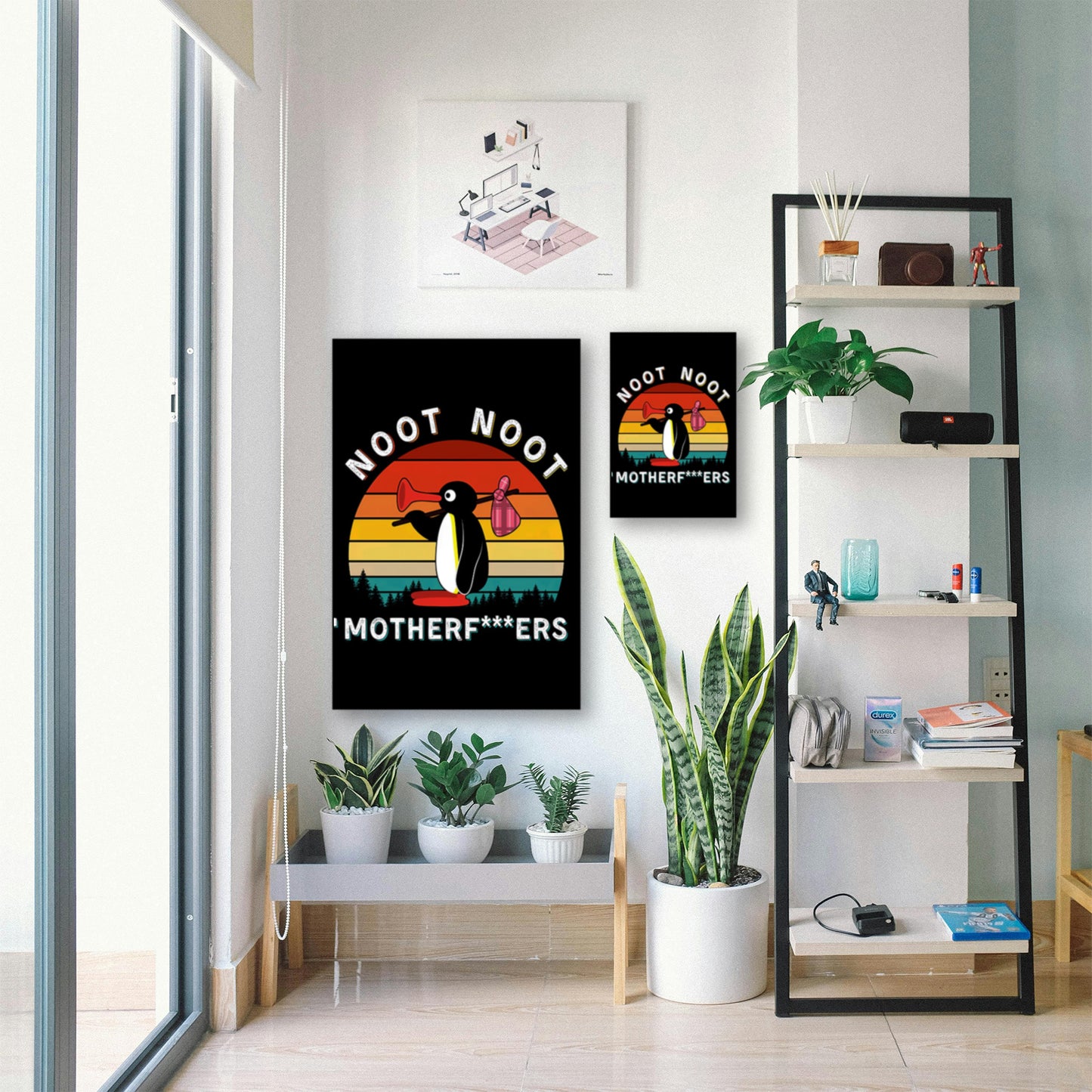 Penguin Wall Art – Censored NOOT NOOT Meme for Gamers & Students displayed in bright room with plants and shelf