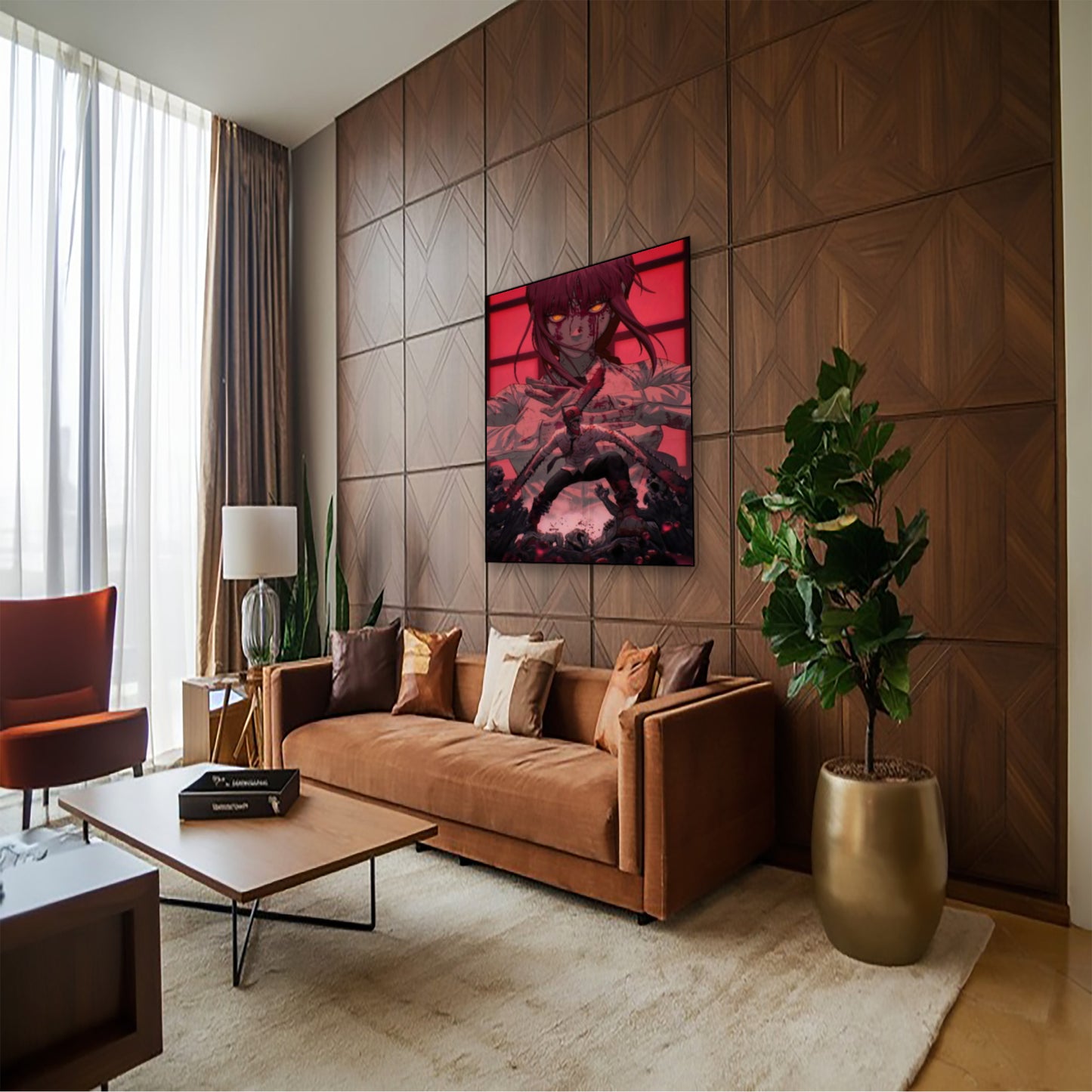 Chainsaw Man Poster – Denji & Makima Battle Scene Anime Wall Art hung above couch in contemporary living room