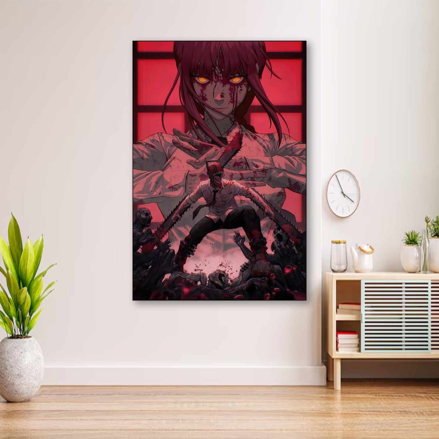Chainsaw Man Poster – Denji & Makima Battle Scene Anime Wall Art wall art displayed in cozy portrait-style interior with minimalist decor