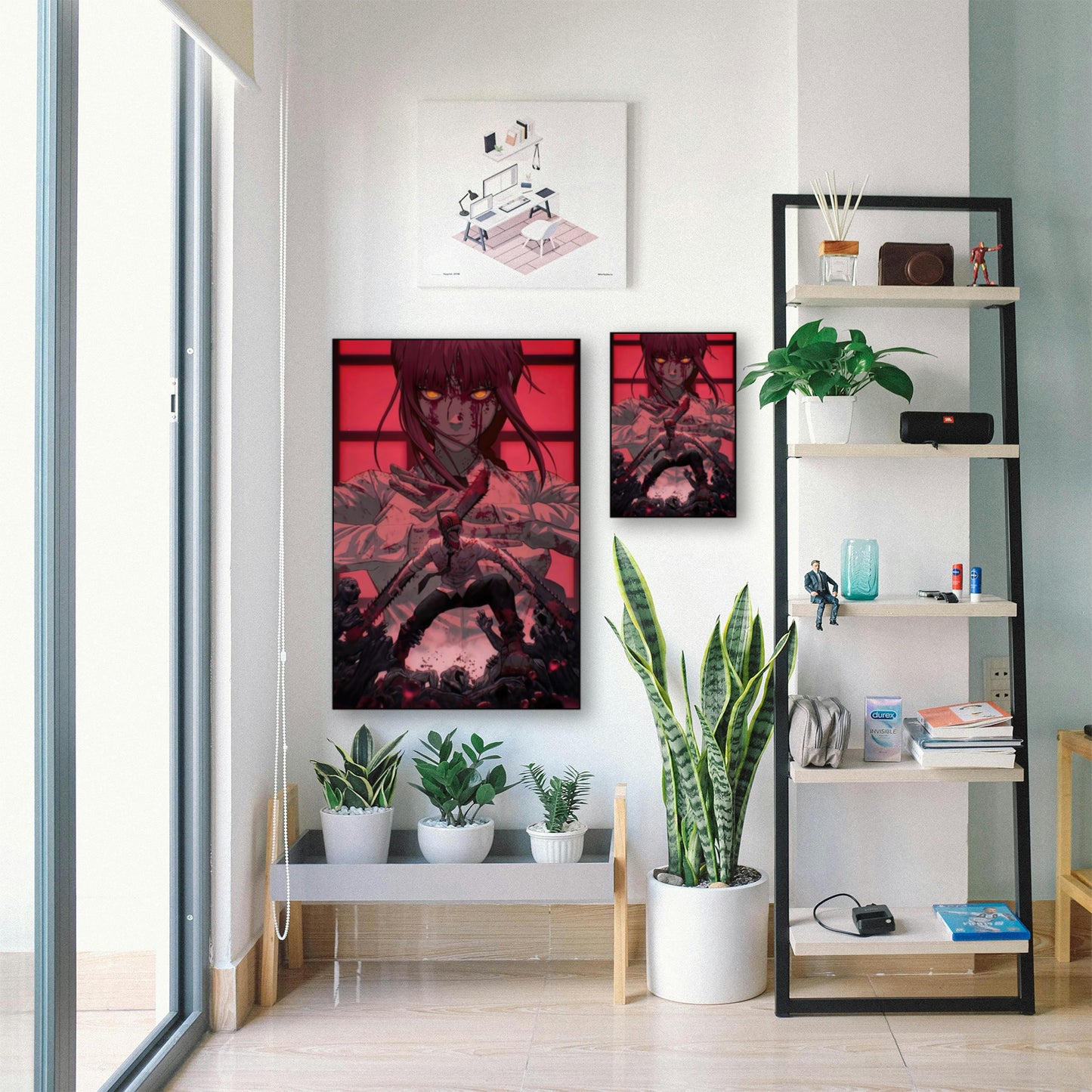 Chainsaw Man Poster – Denji & Makima Battle Scene Anime Wall Art displayed in bright room with plants and shelf