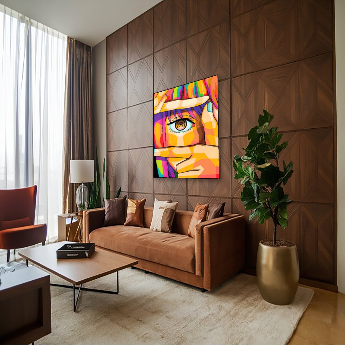 Chainsaw Man Makima Pop Art Poster – Colorful Eye Close-Up Print hung above couch in contemporary living room