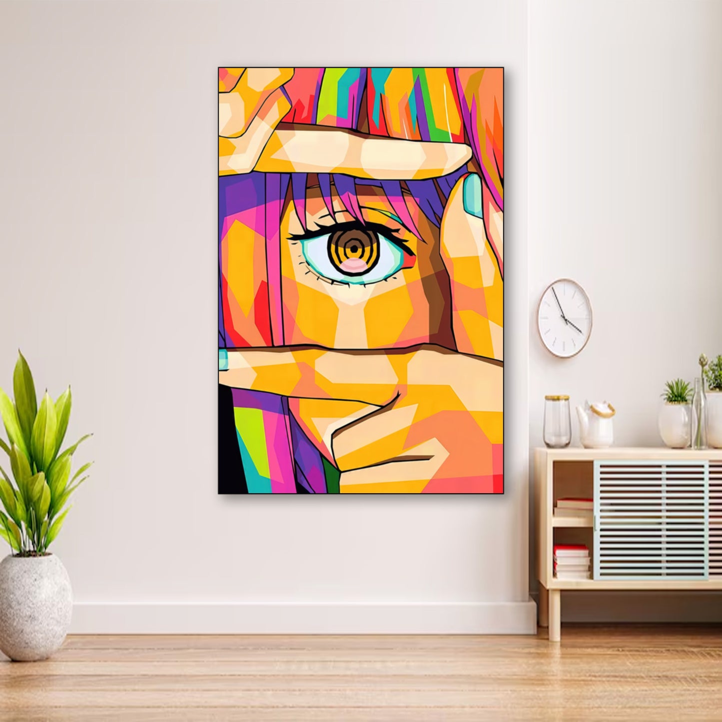 Chainsaw Man Makima Pop Art Poster – Colorful Eye Close-Up Print wall art displayed in cozy portrait-style interior with minimalist decor