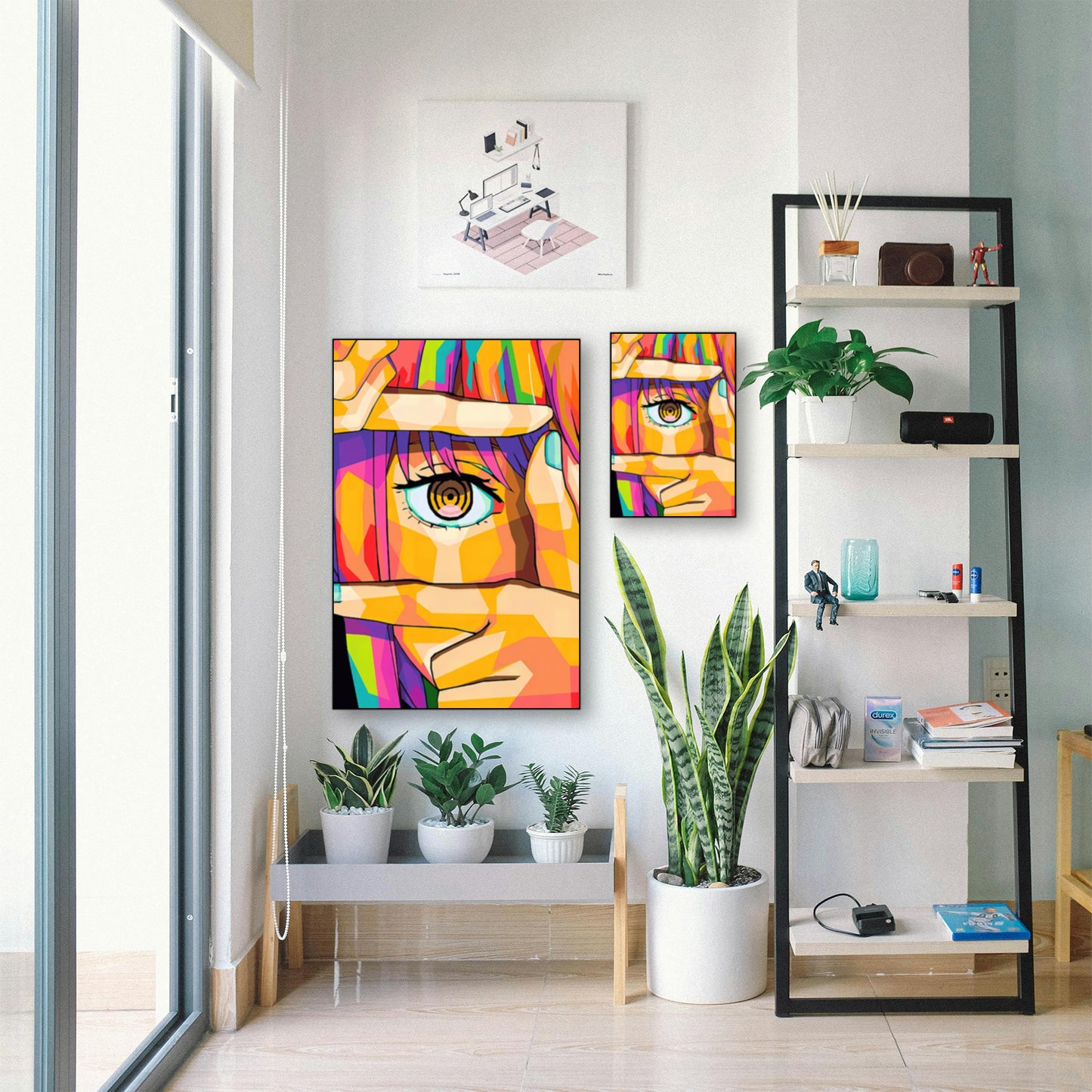 Chainsaw Man Makima Pop Art Poster – Colorful Eye Close-Up Print displayed in bright room with plants and shelf