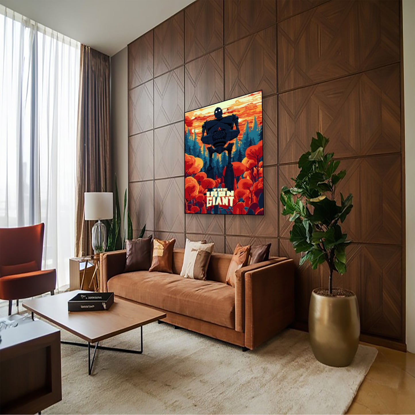 The Iron Giant Poster – Retro Animated Movie Wall Art Print hung above couch in contemporary living room