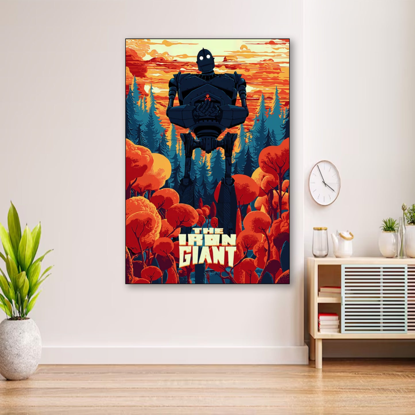 The Iron Giant Poster – Retro Animated Movie Wall Art Print wall art displayed in cozy portrait-style interior with minimalist decor
