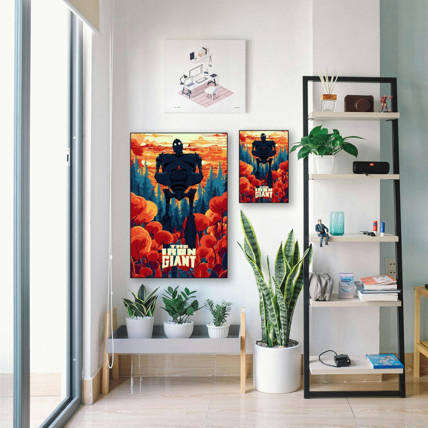 The Iron Giant Poster – Retro Animated Movie Wall Art Print displayed in bright room with plants and shelf