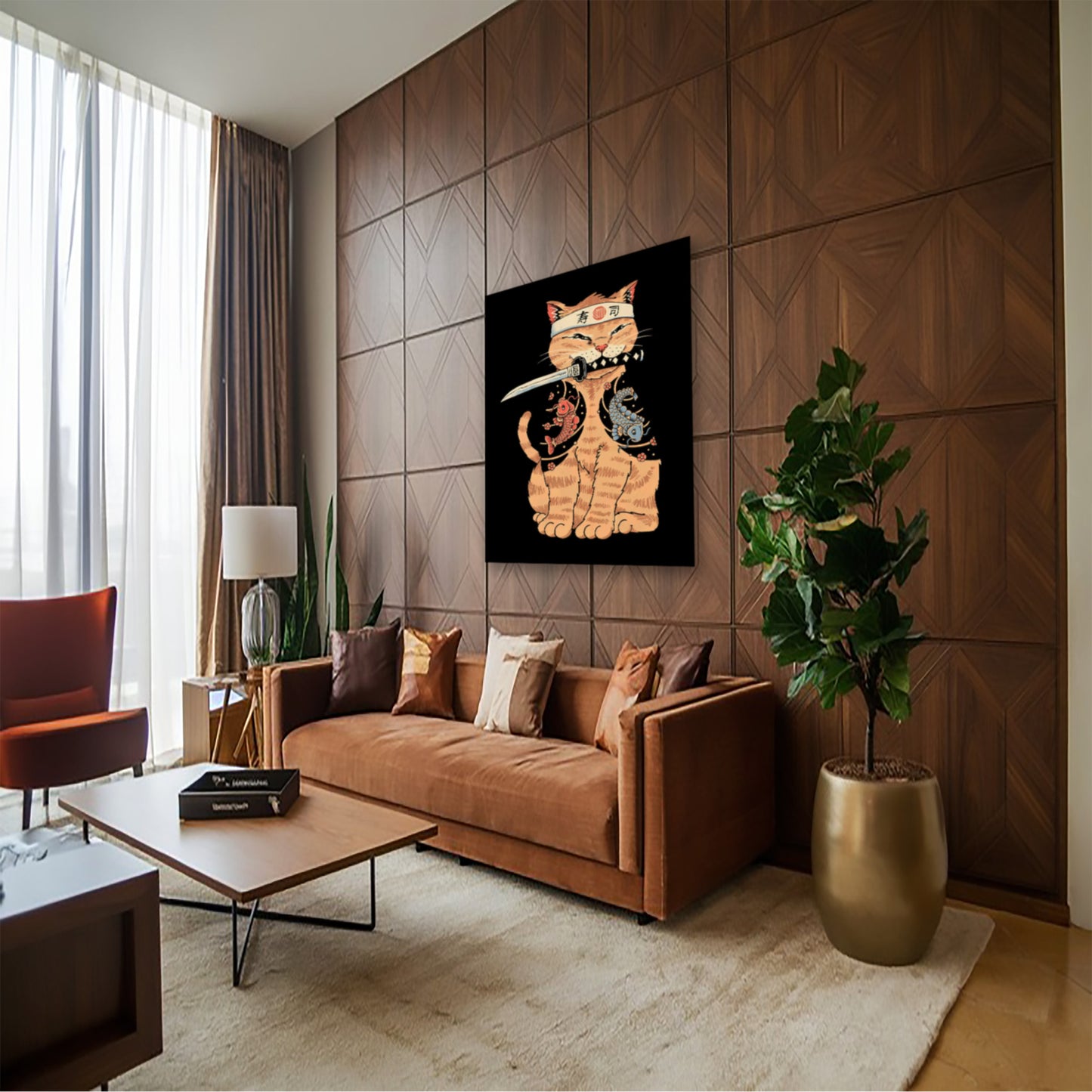 Samurai Koi Cat Poster – Japanese Cat Warrior Wall Art hung above couch in contemporary living room