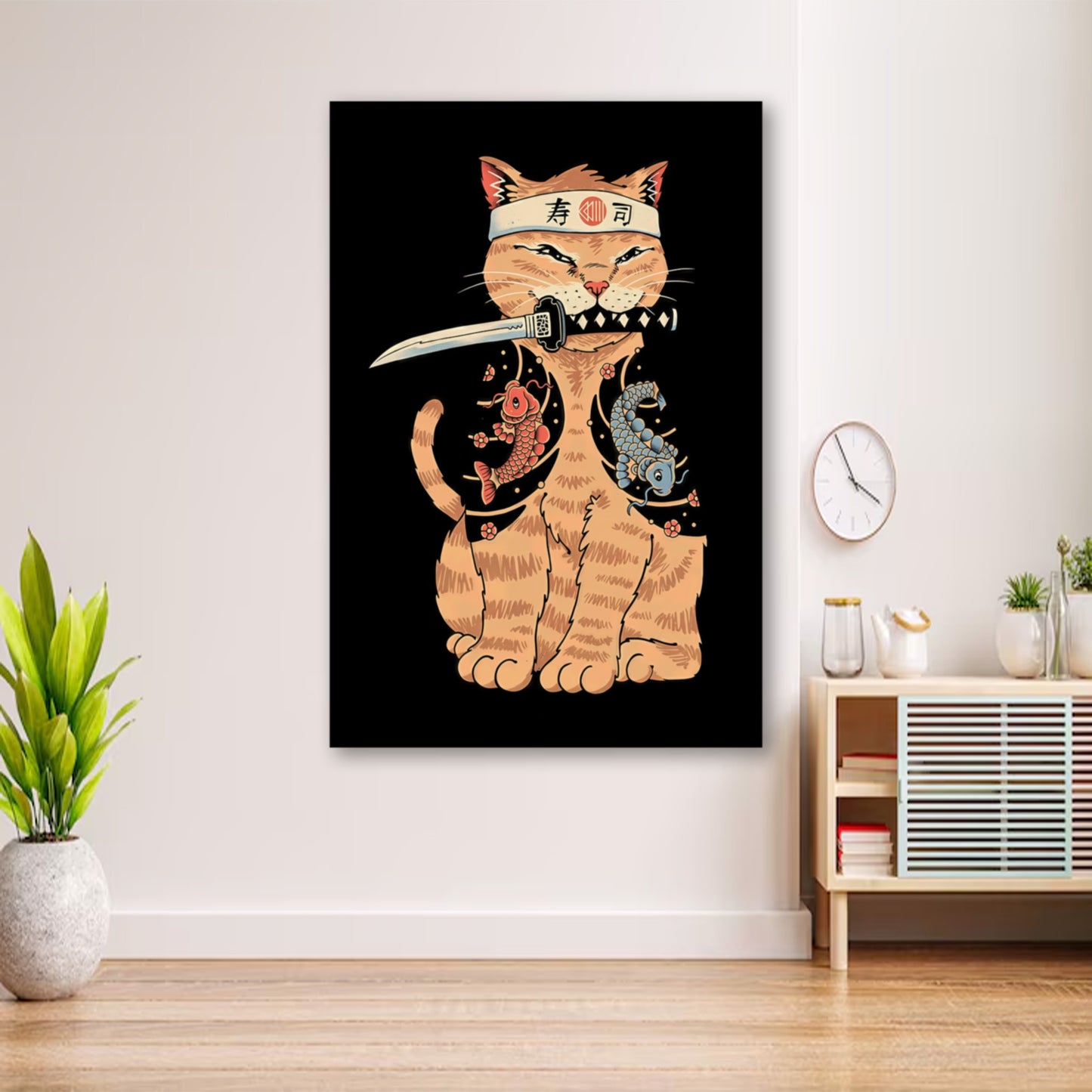 Samurai Koi Cat Poster – Japanese Cat Warrior Wall Art wall art displayed in cozy portrait-style interior with minimalist decor