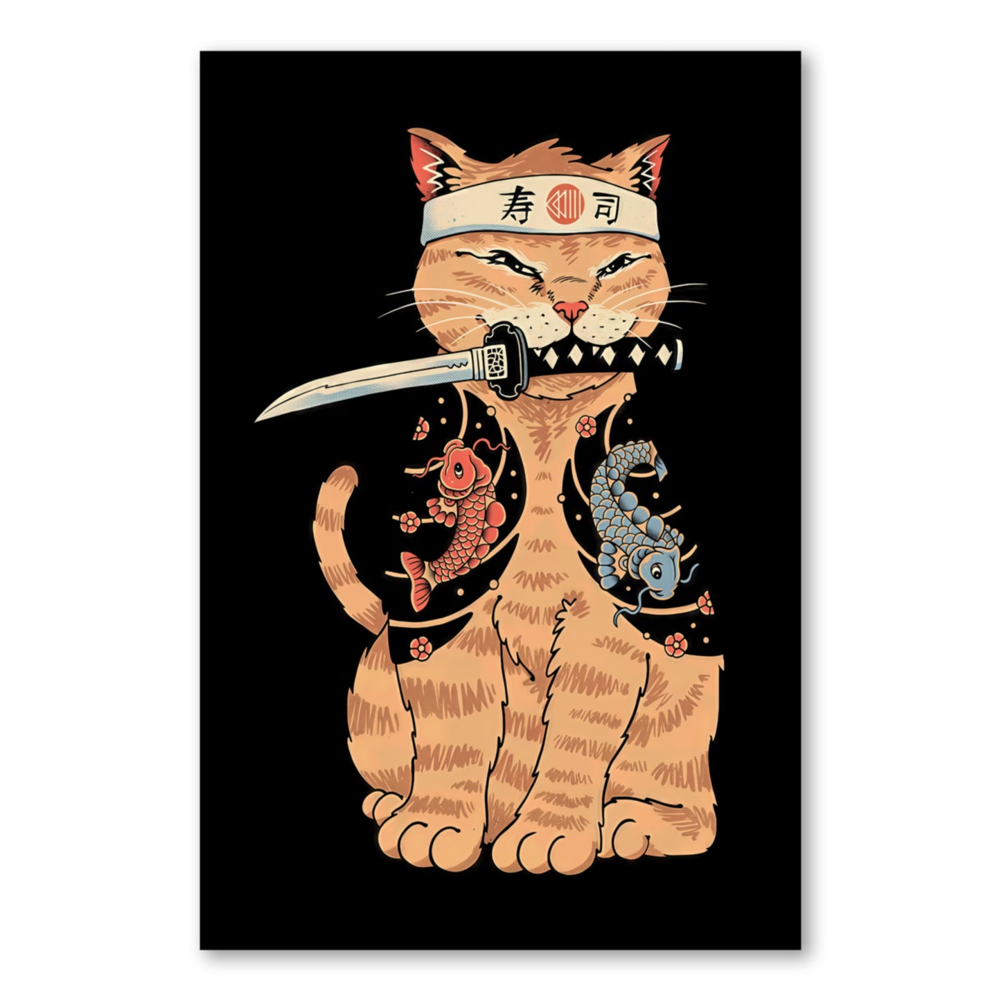 Samurai Koi Cat Poster – Japanese Cat Warrior Wall Art close-up of full artwork
