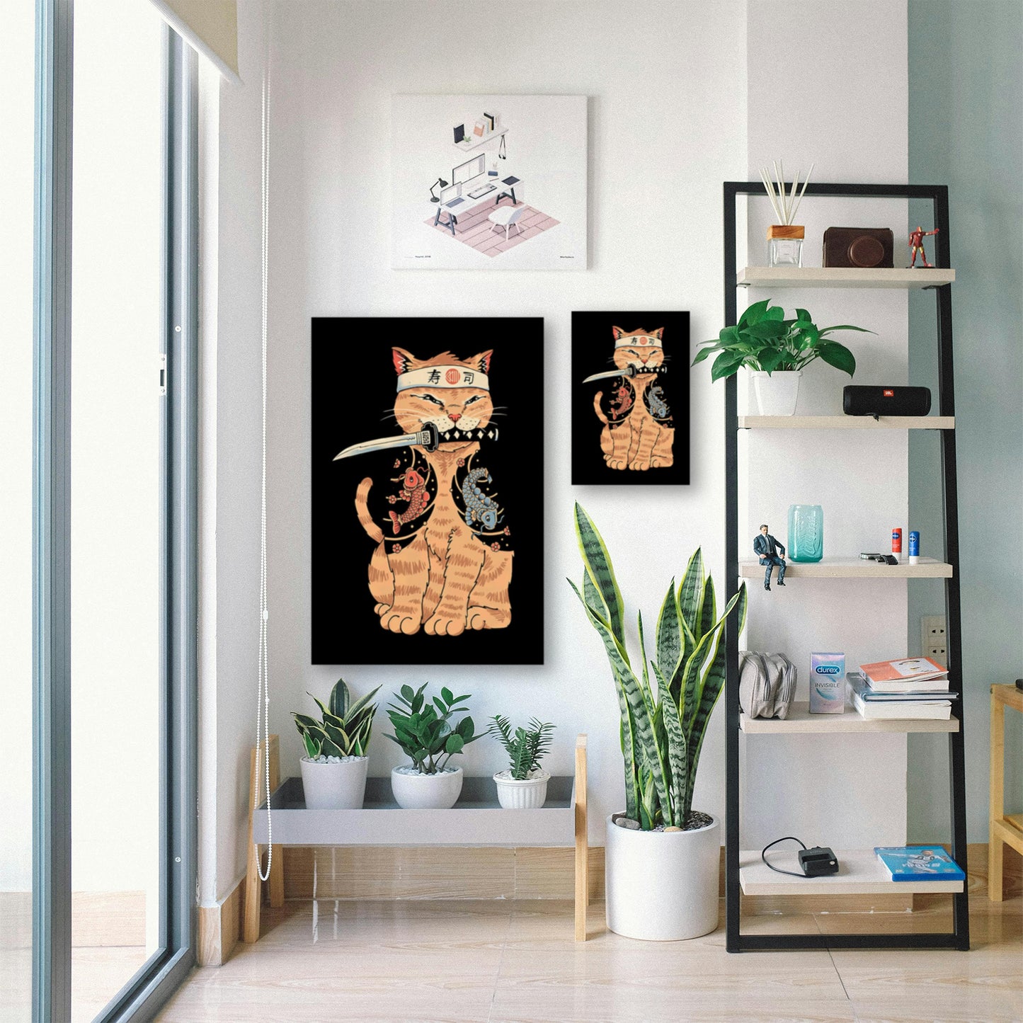 Samurai Koi Cat Poster – Japanese Cat Warrior Wall Art displayed in bright room with plants and shelf