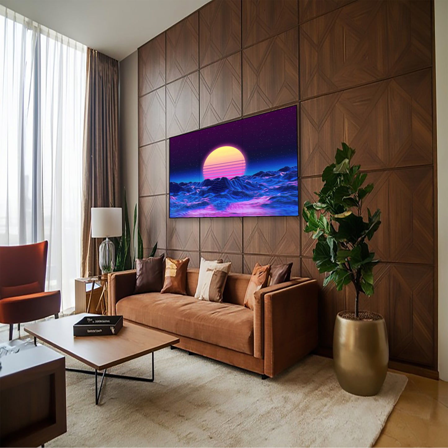 Retro Futuristic Neon Art – Vaporwave Sunset & Wireframe Mountains hung above couch in contemporary living room