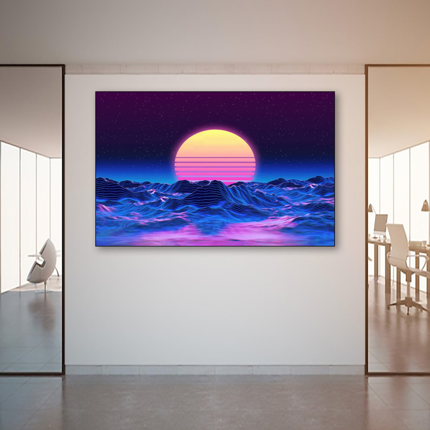 Retro Futuristic Neon Art – Vaporwave Sunset & Wireframe Mountains wall art displayed in modern office space