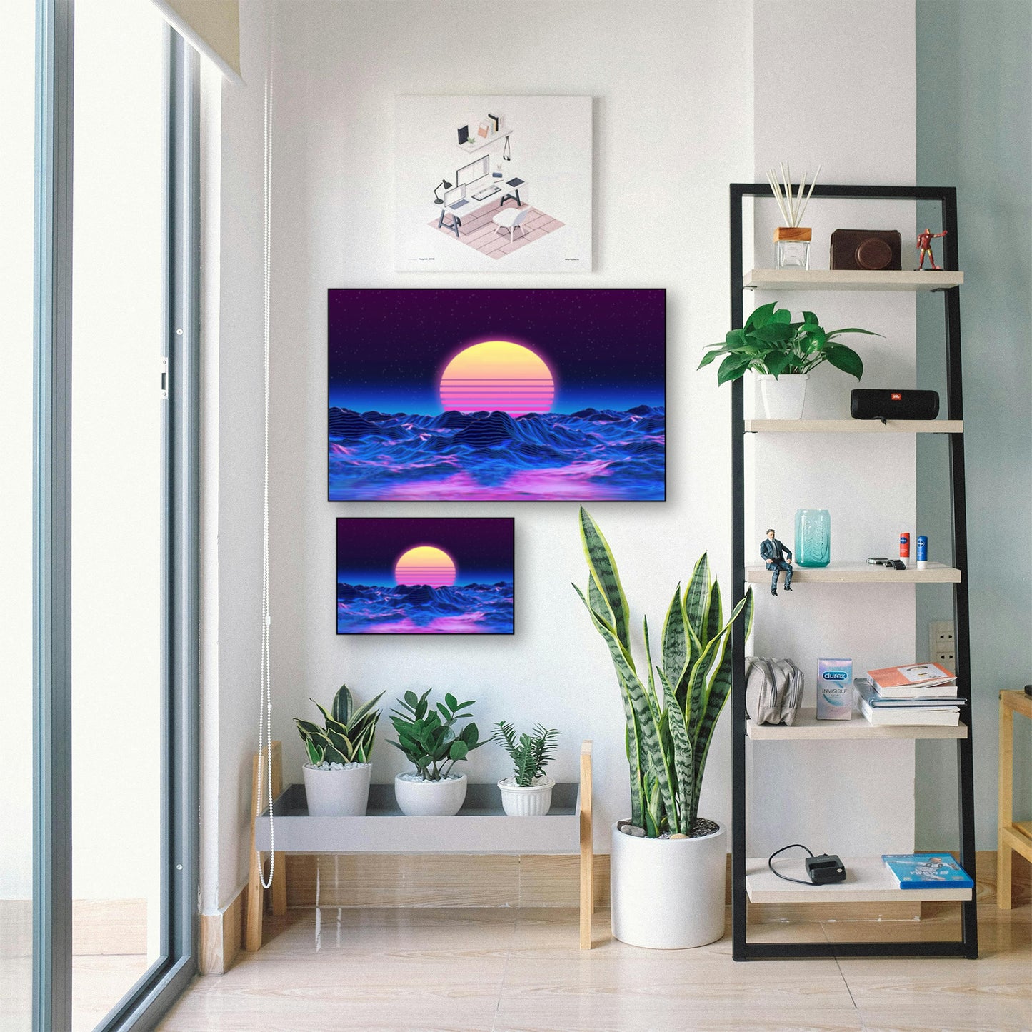 Retro Futuristic Neon Art – Vaporwave Sunset & Wireframe Mountains displayed in bright room with plants and shelf