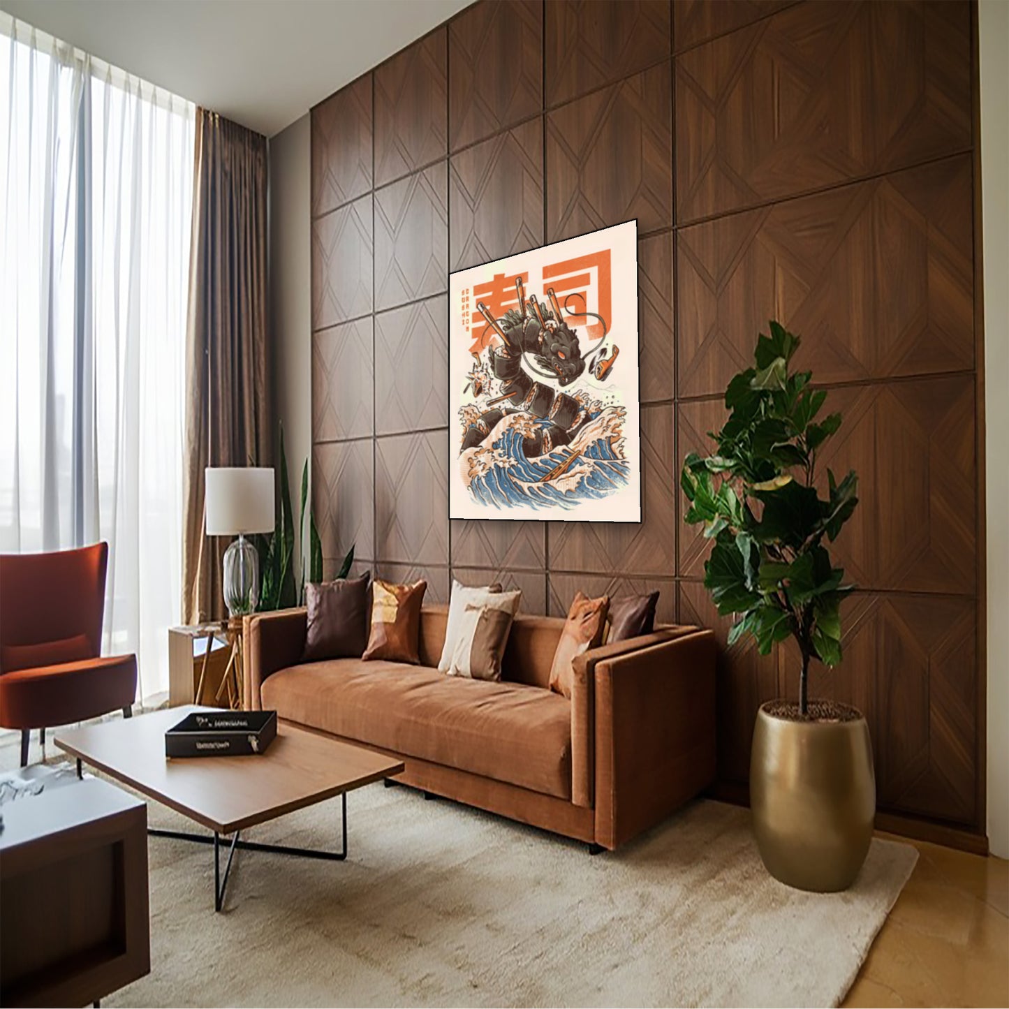 The Great Sushi Dragon – Funny Food Monster Wall Art hung above couch in contemporary living room