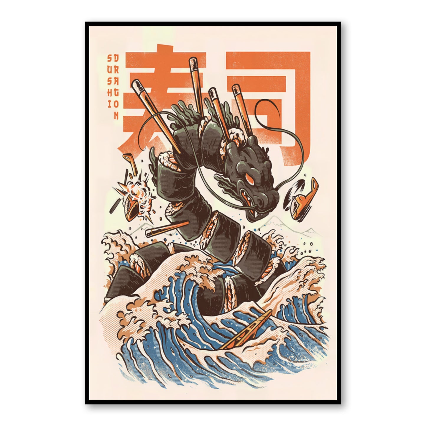 The Great Sushi Dragon – Funny Food Monster Wall Art close-up of full artwork