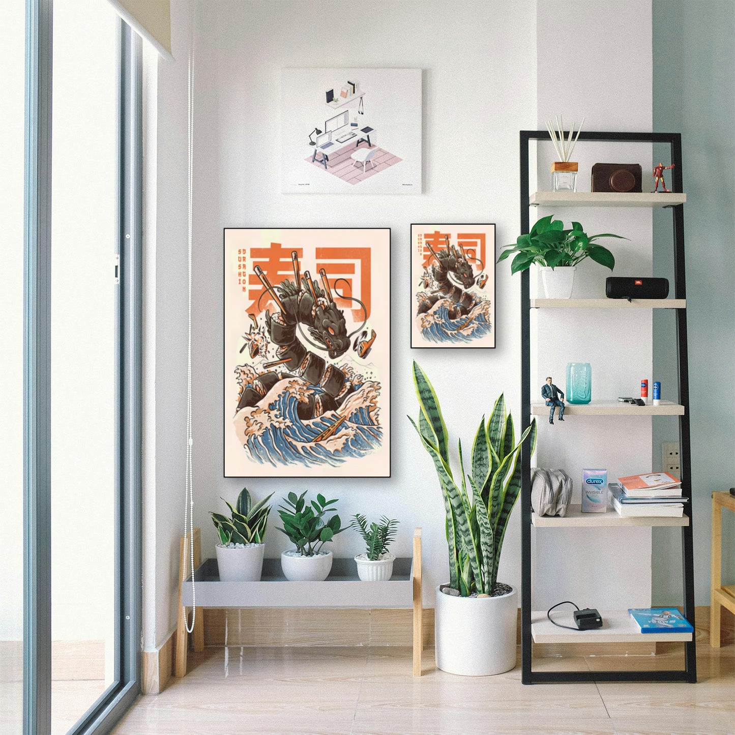 The Great Sushi Dragon – Funny Food Monster Wall Art displayed in bright room with plants and shelf