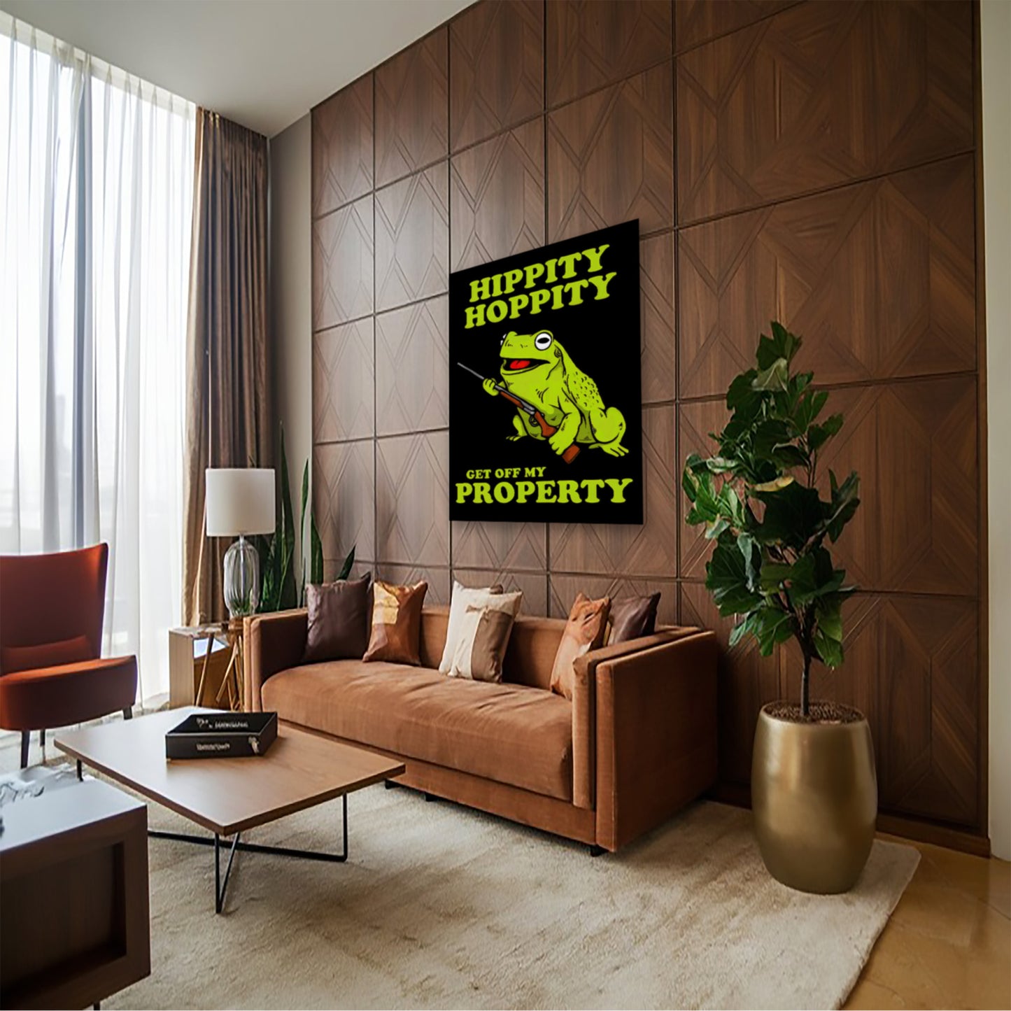 Hippity Hoppity Frog Meme Poster – Armed Amphibian Wall Art hung above couch in contemporary living room